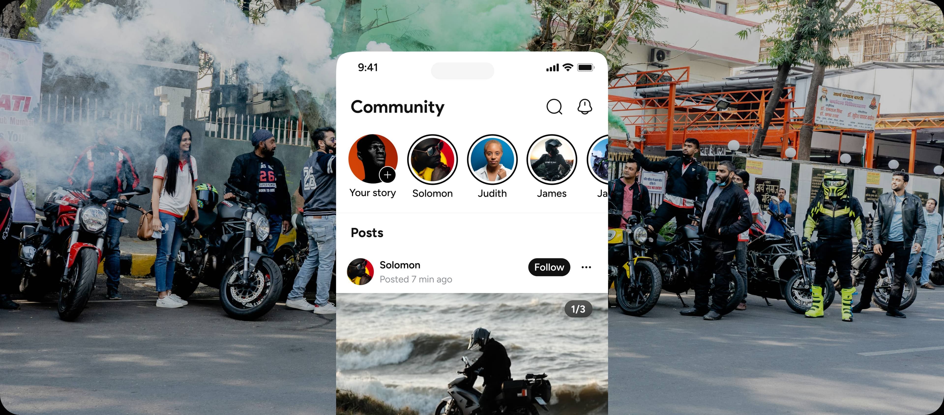 ThrottlePal community feed showing stories, posts, and riders